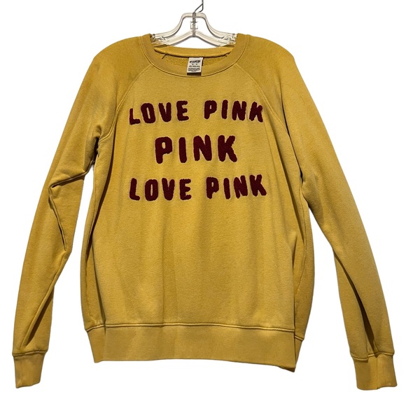 PINK Victoria's Secret Tops - LOVE PINK Victoria’s Secret mustard sweatshirt EUC Teddy Bear raised letters XS